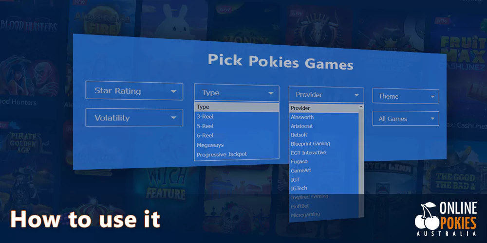Instruction on how to use pokies games filter