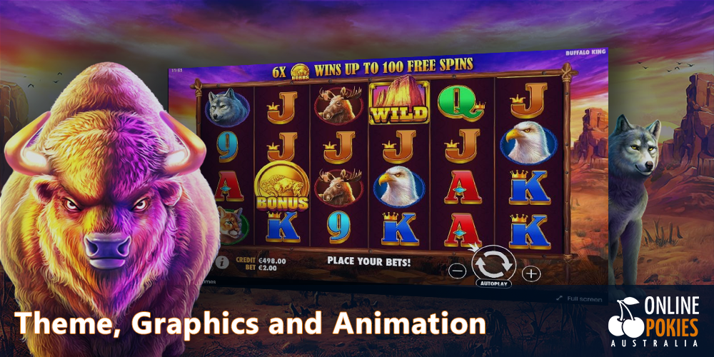 Wild West theme in the Buffalo King Pokie, quality graphics and animation