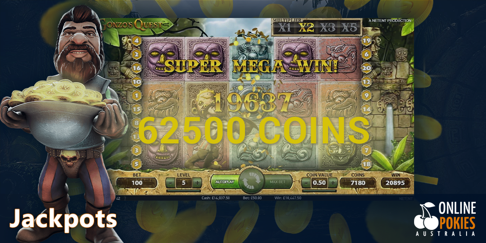 Win Jackpot 62500 coins in Gonzo's Quest Pokie