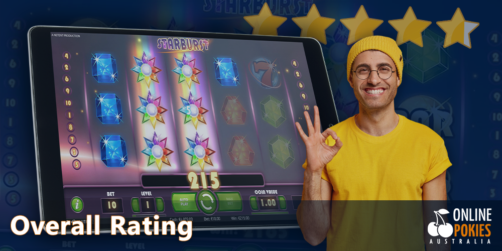Play the good pokie Starburst with a rating of 4.9