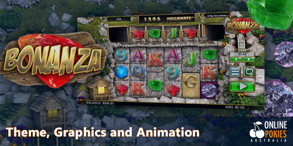 Gold mines & gems theme, quality animation and nice graphics at Bonanza pokie
