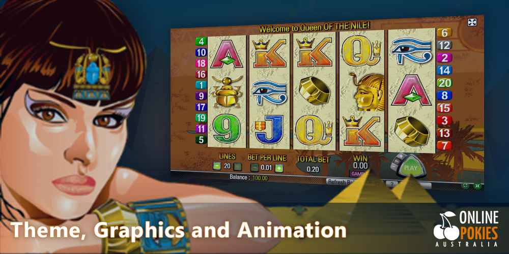 Theme of Egypt in the Queen of the Nile Pokie, atmospheric graphics and simple animation