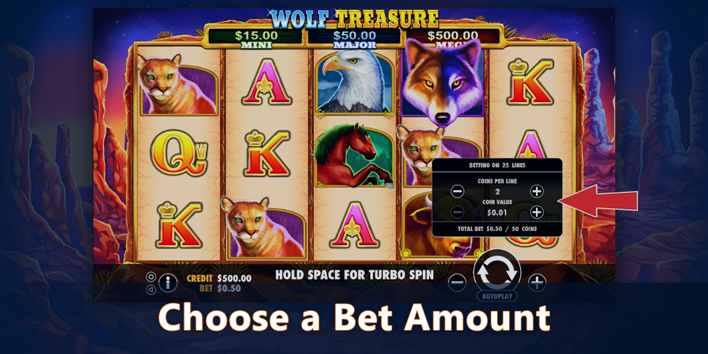 Choose a bet amount at Wolf Treasure pokie