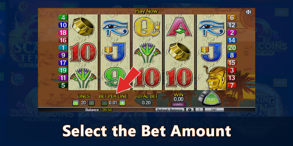 Select the bet amount at Queen of the Nile Pokie