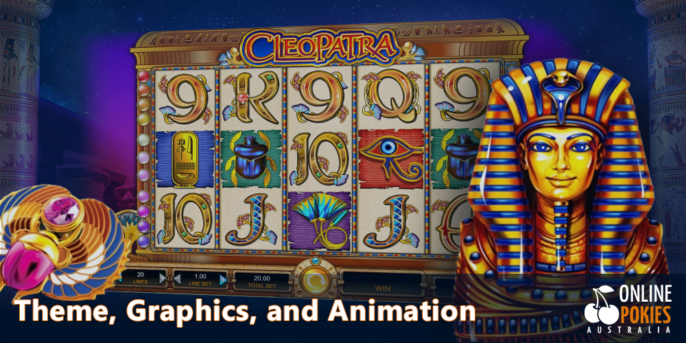 Egypt theme, simple animation and beautiful graphics in the Cleopatra pokie