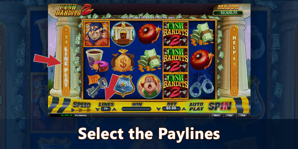 Choose your paylines in Cash Bandits 2 pokie